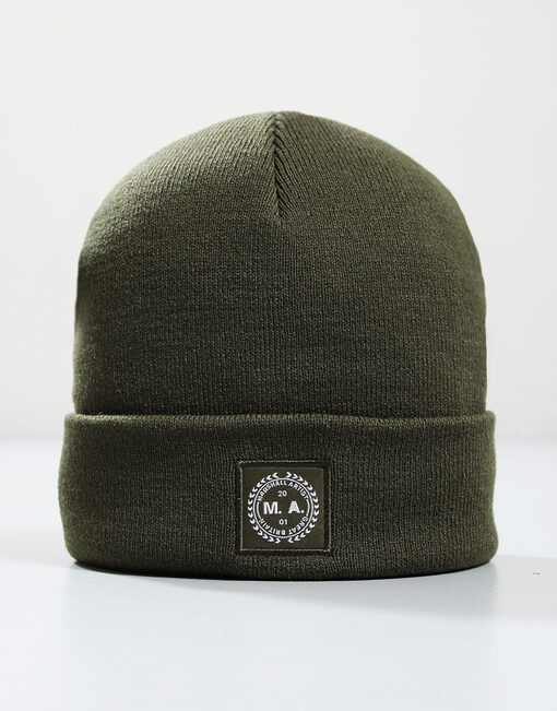 Woven Badge Knitted Beanie // Khaki
